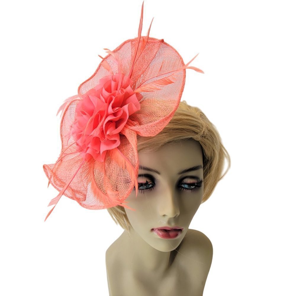 Coral Pink Fascinator Floral Rosette and Coral Feathers